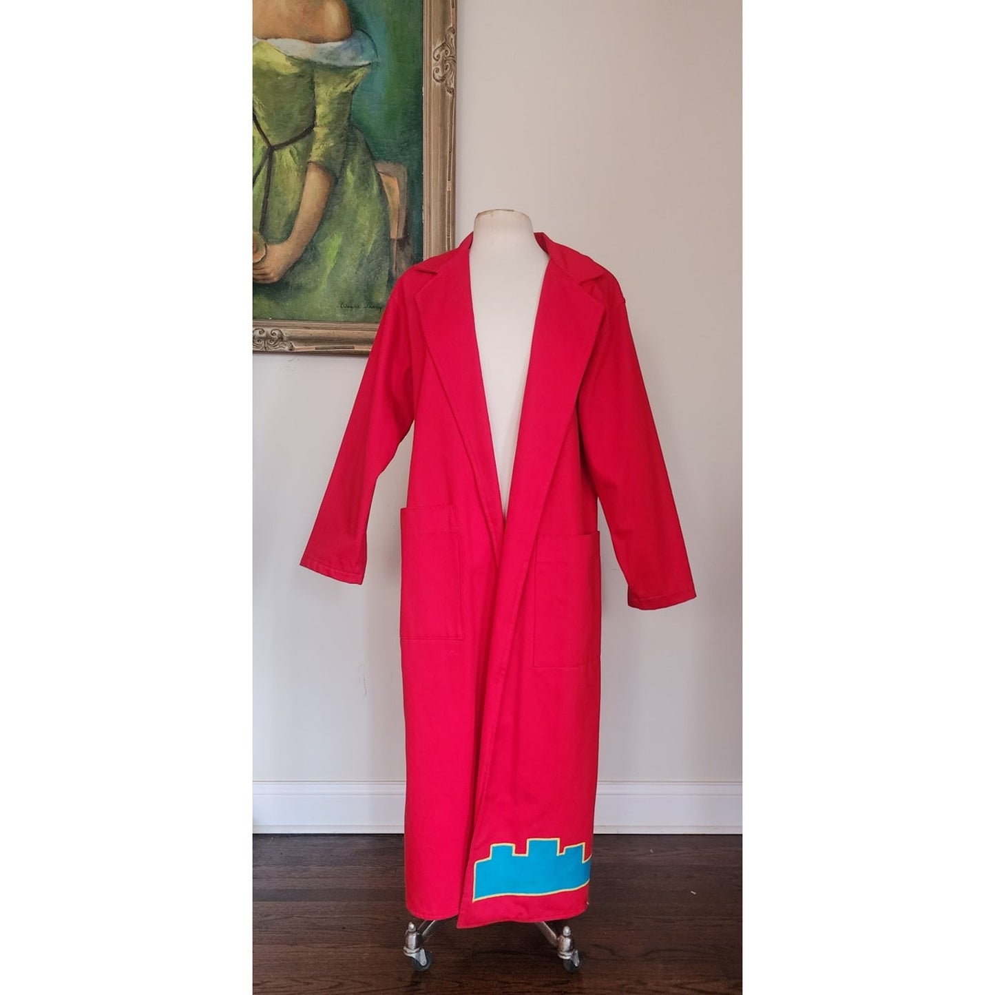 Vintage 80s Southwestern Coat Red Cotton Canvas Handpainted Indian Headdress Native American