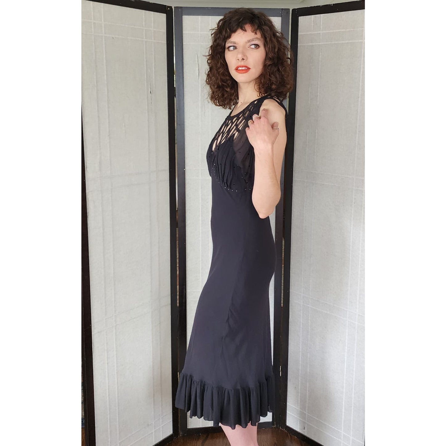 Vintage 30s Style Evening Dress Black Silk Chiffon Rhinestones Malandrino