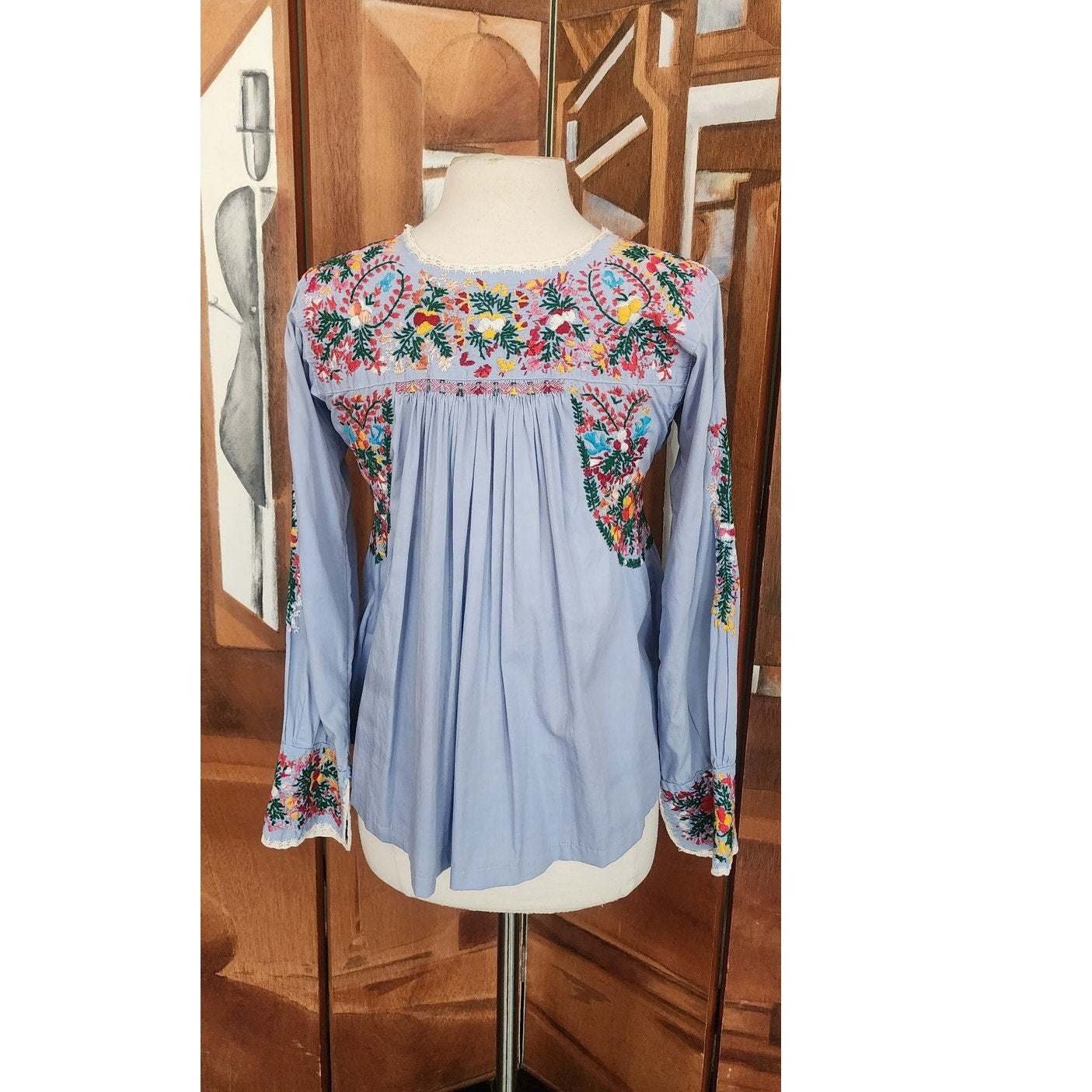 Vintage 1970s Oaxaca Mexico Shirt Peasant Blouse  Embroidered Folk Art