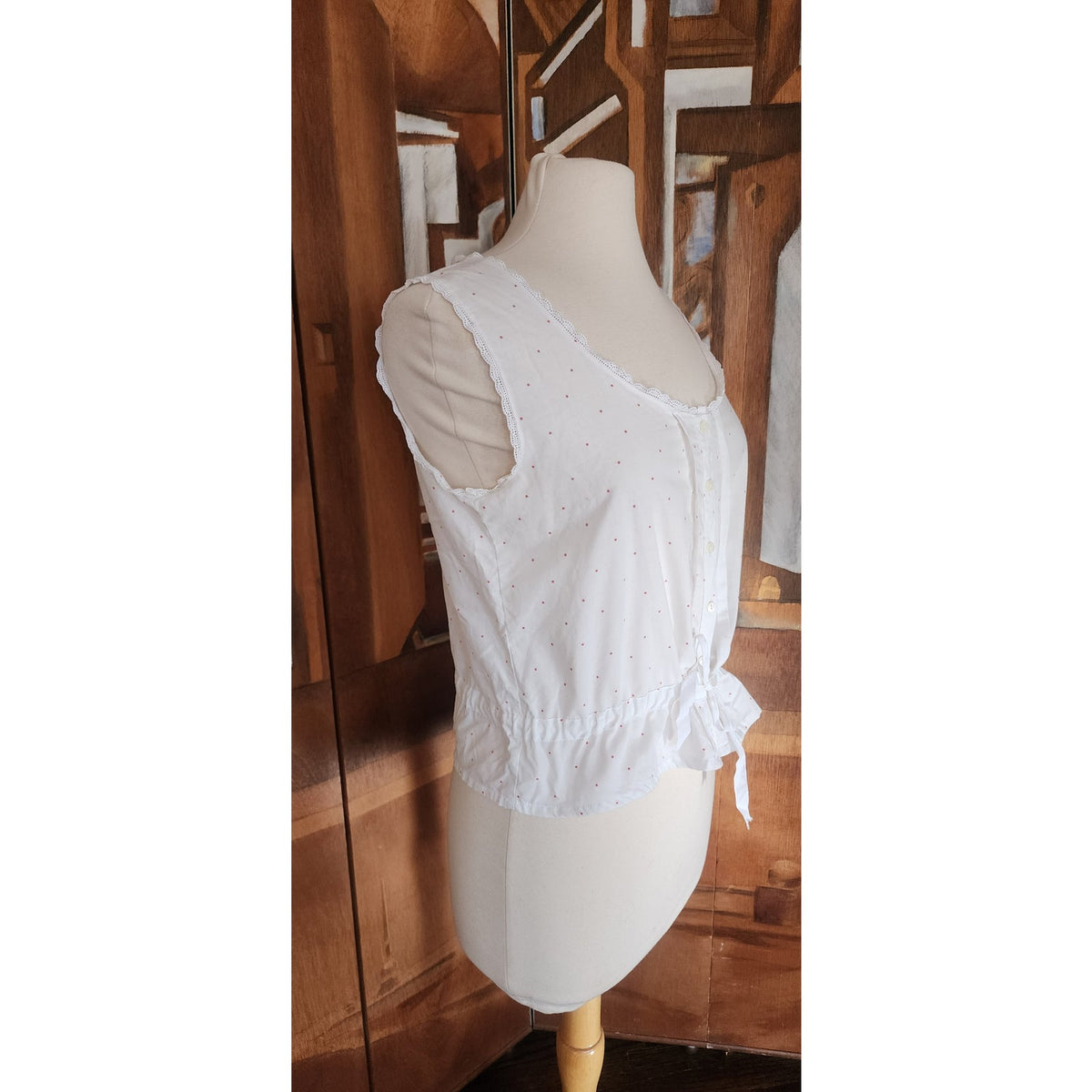 Vintage 1980s Laura Ashley Sleeveless Top White Cotton Eyelet Blouse Micro Polka Dot