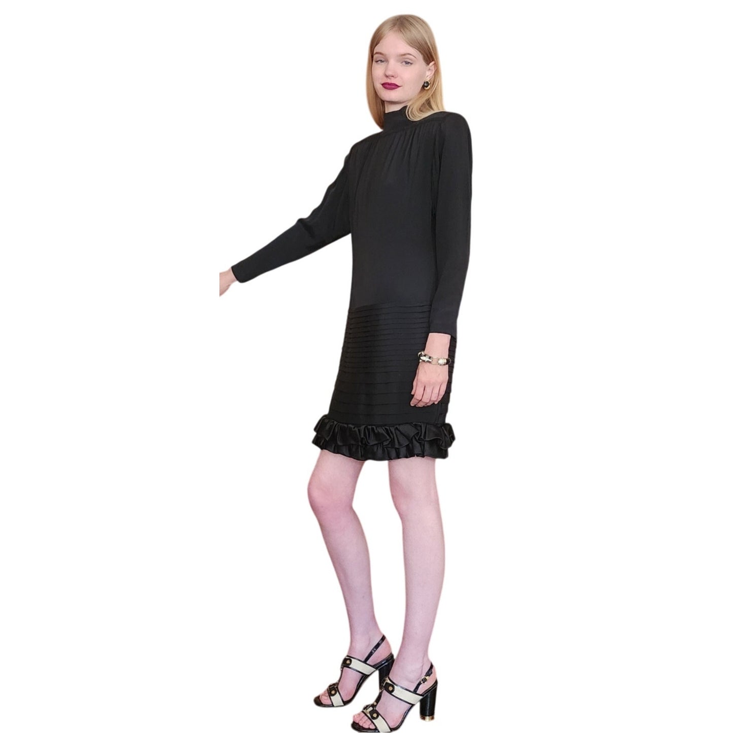 Vintage 1980s Galanos Dress Black Silk Crepe Mock Neck Pintuck Skirt Ruffle Hem