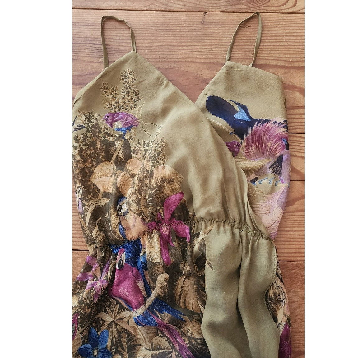 Vintage 1970s Gianni Versace RARE Dress Silk Tropical Parrot Print Spaghetti Straps
