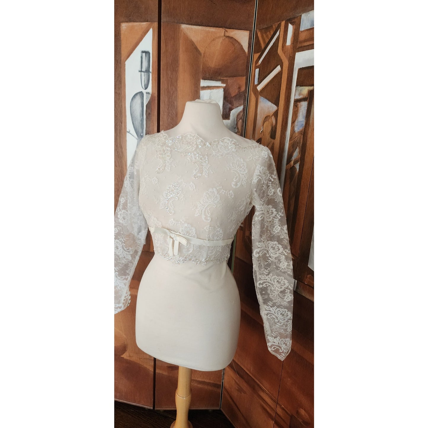 Vintage 50s Bridal Top Jacket Sheer White Lace & Sequins Long Sleeved