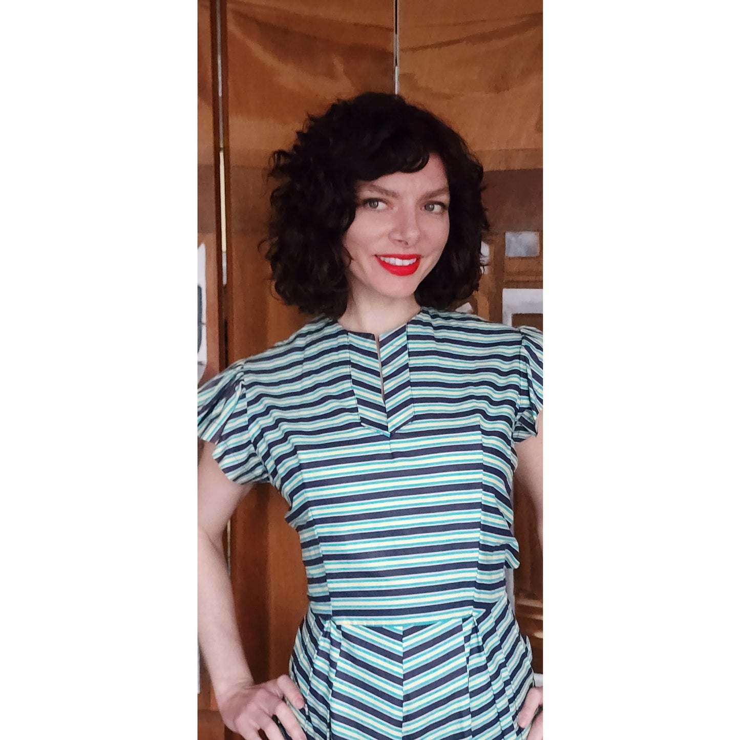 Vintage 50s Striped Fit and Flare Midi Day Dress Green Black Short Sleeves