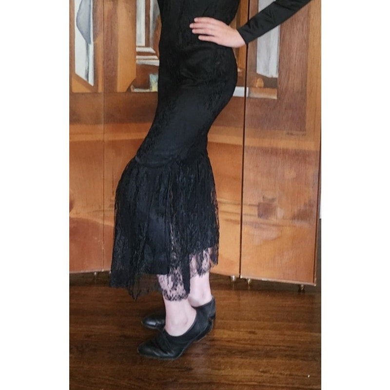 Vintage 80s GALAN0S Couture Dress Black Lace Evening Gown Sculpted Puffed Shoulders