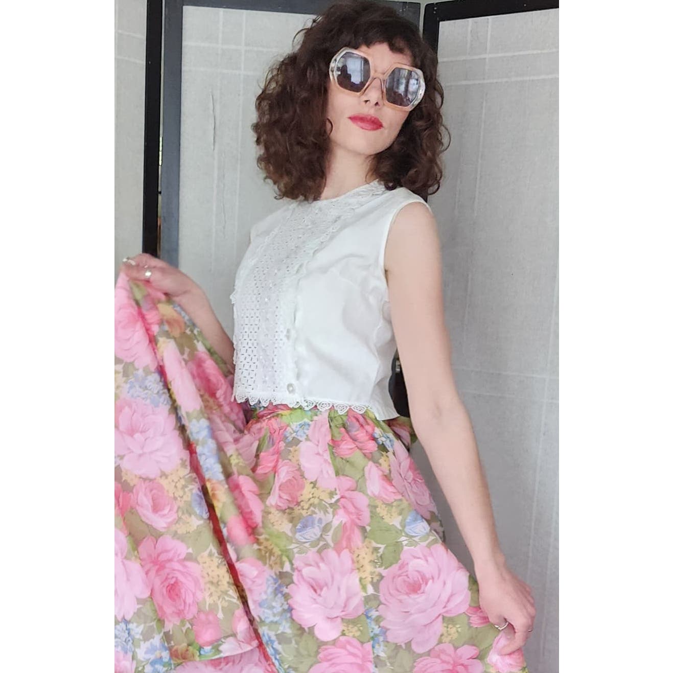 Vintage 50s White Cotton Blouse Eyelet Lace Cropped