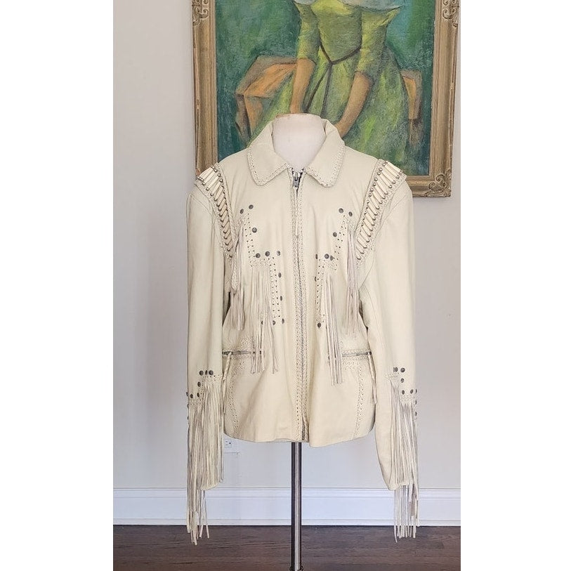 Vintage 1980s White Leather Jacket SUNRIDERS Fringe, Studs & Bone Beads XXL