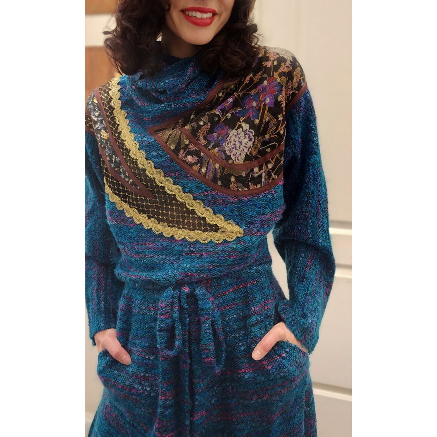 Vintage 80s KOOS VAN DER AKKER Dress Blue Green Knit Floral Applique Gold Trim