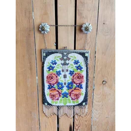 Antique Glass Bead Bag Edwardian Purse Floral Rose Pattern