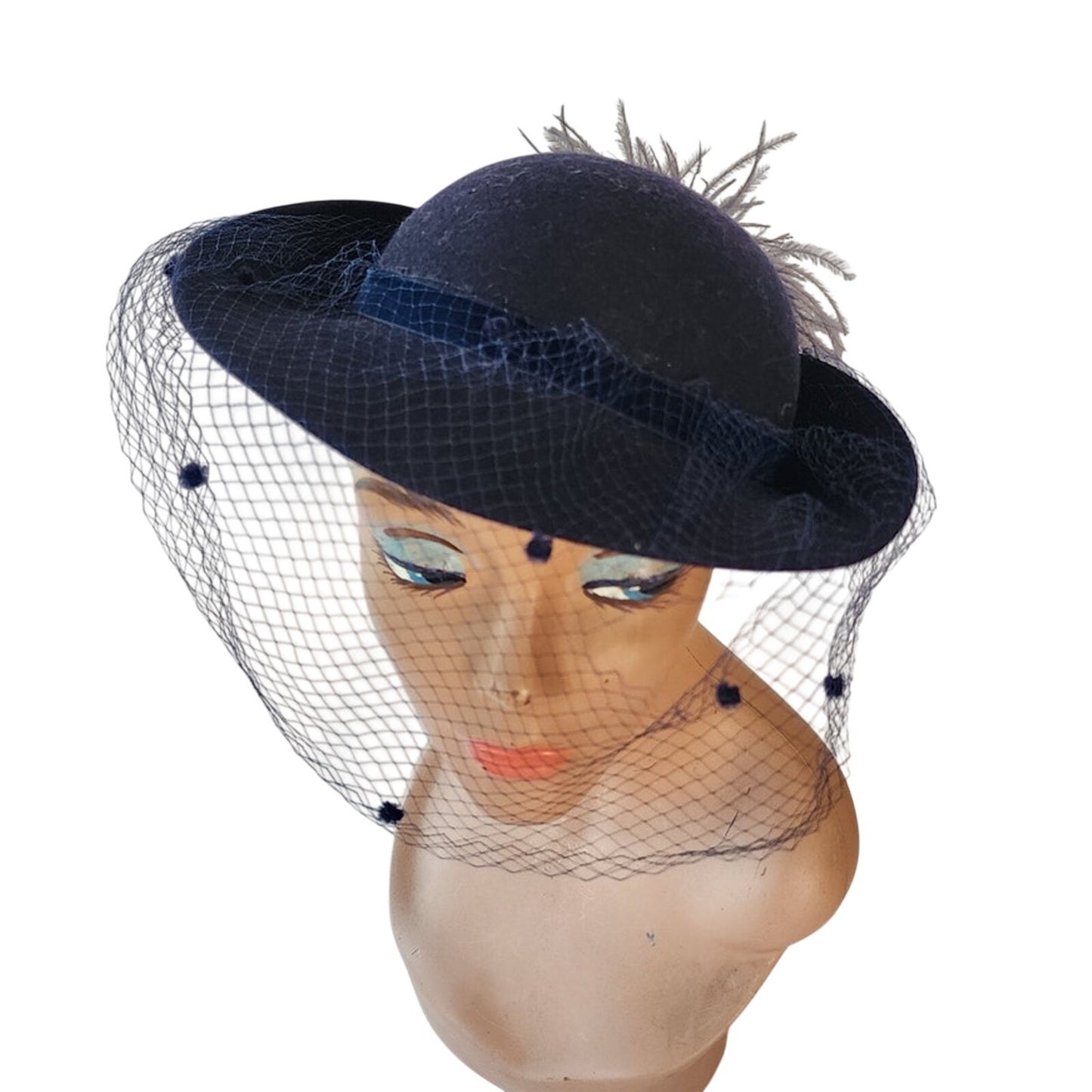 Vintage 70s Navy Blue Wool Hat w/Ostrich Feither & Dotted Veil Georgi