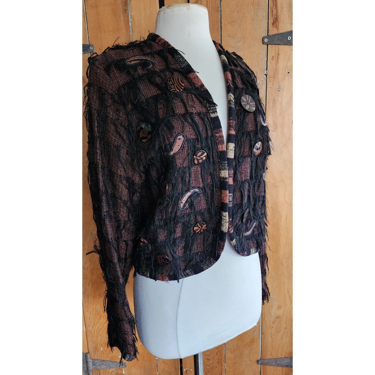 Vintage 80s Handwoven Brown Blazer Applique Fringe by Crystal