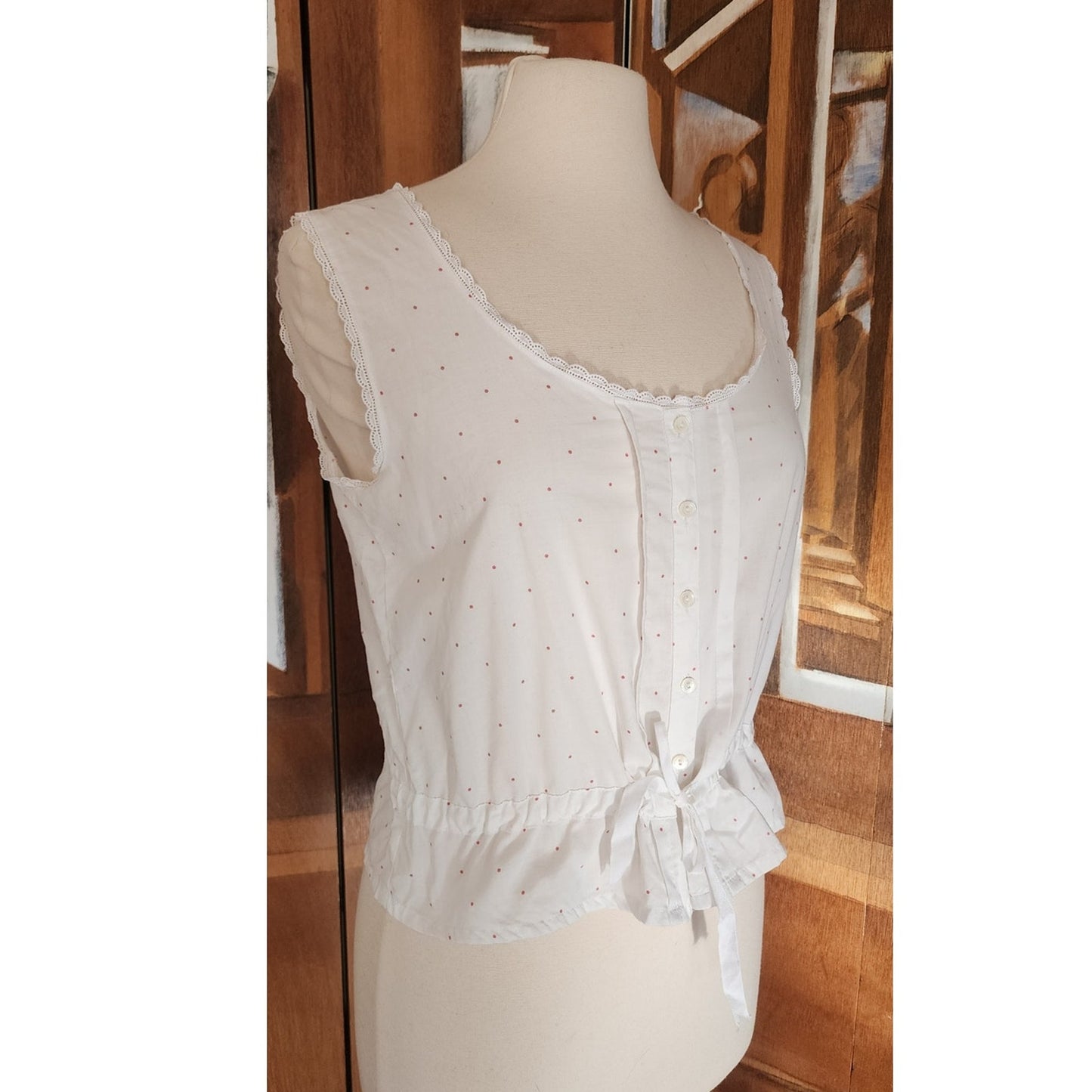 Vintage 80s Laura Ashley White Cotton Eyelet Sleeveless Top Red Micro Polka Dot