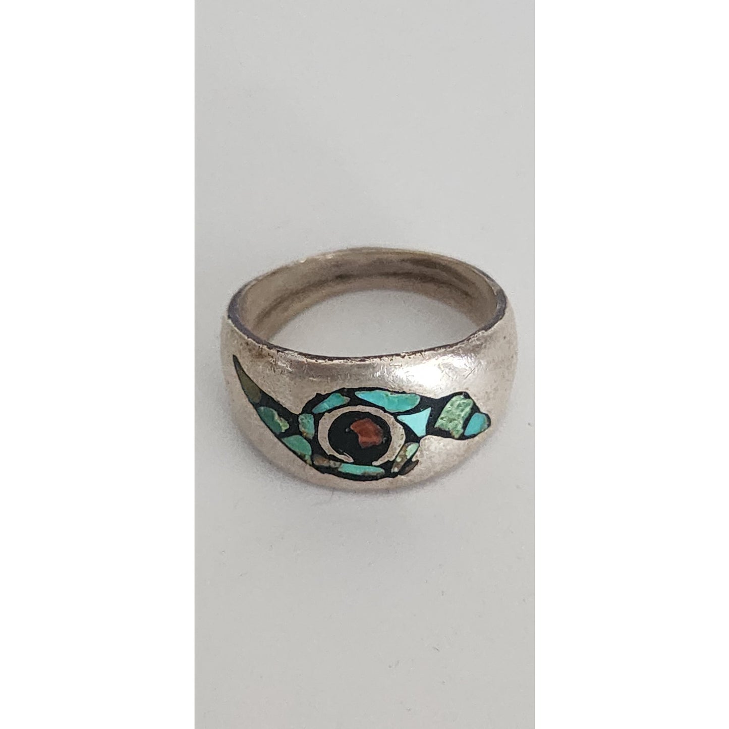 Vintage Mens Southwestern Mosaic Inlay Band Ring Sterling Silver Turquoise Coral Multi-Stone Size 7 3/4