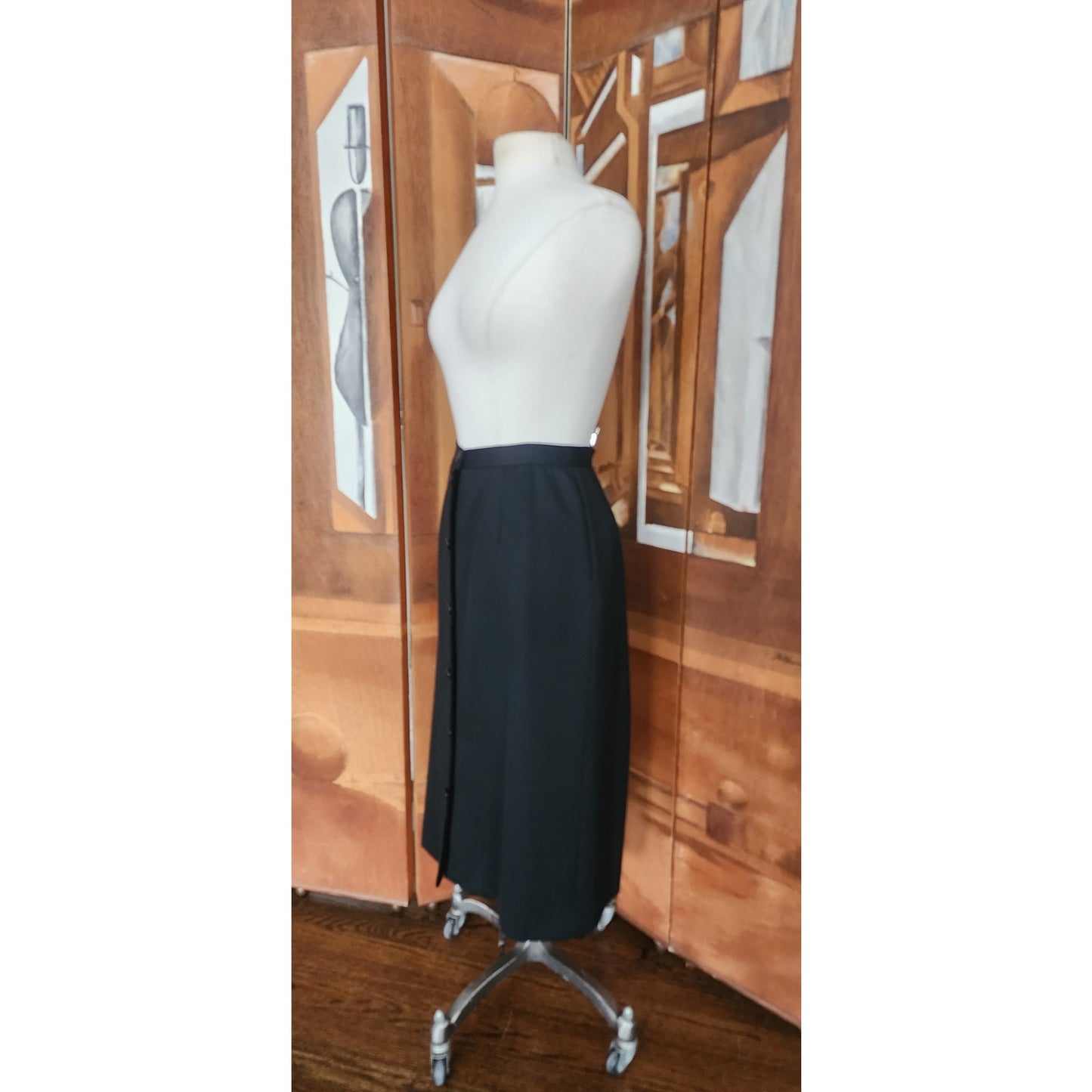 Vintage 1980s VALENTINO Pencil Skirt Black Wool Button Down Midi Medium