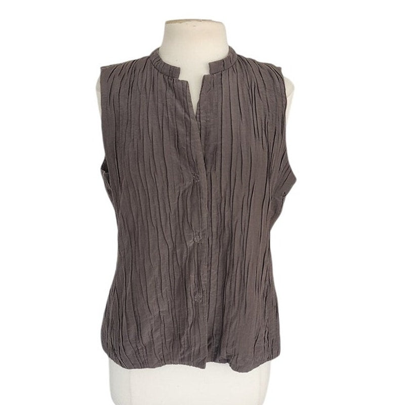 Eileen Fisher Sleeveless Top Vest Crinkled Brown Gray Cotton Silk / M