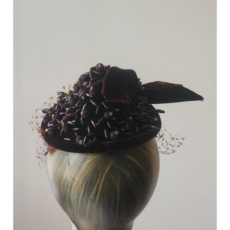 Vintage 1950s Hat Chanda Brown Beaded Velvet Asymmetrical Fascinator Bonwit Teller