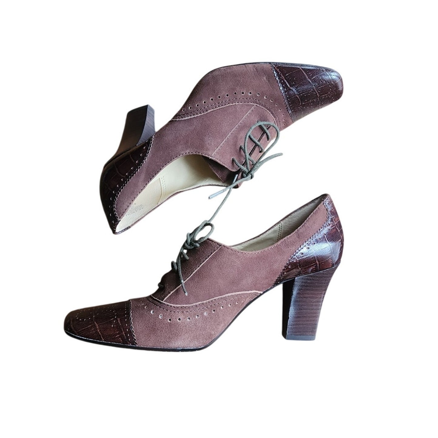 Vintage 1930s Style Brown Suede Shoes Lace Up Oxford Heels Anne Klein 6.5