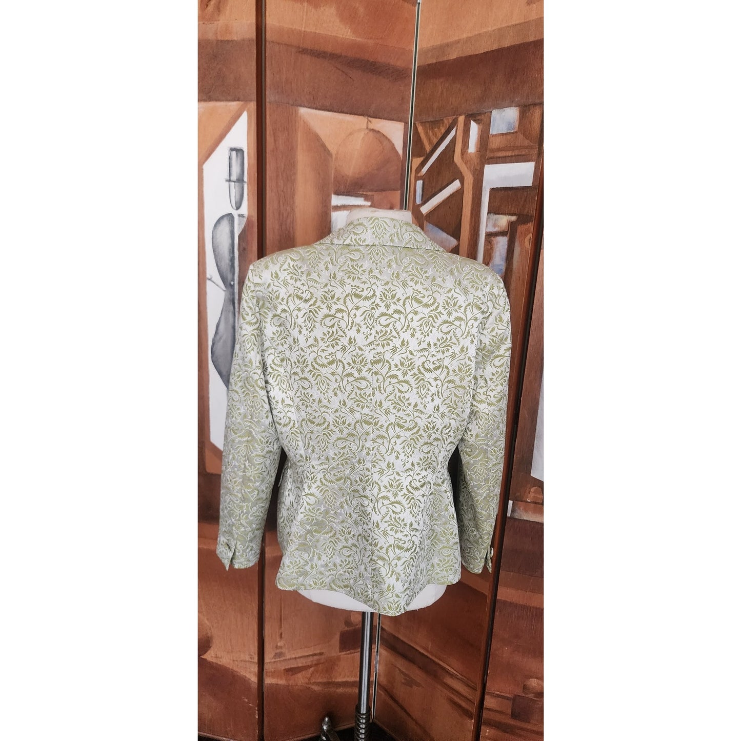 Vintage 1980s ESCADA COUTURE Blazer Green Leaf Print Jacket Double Breasted 40