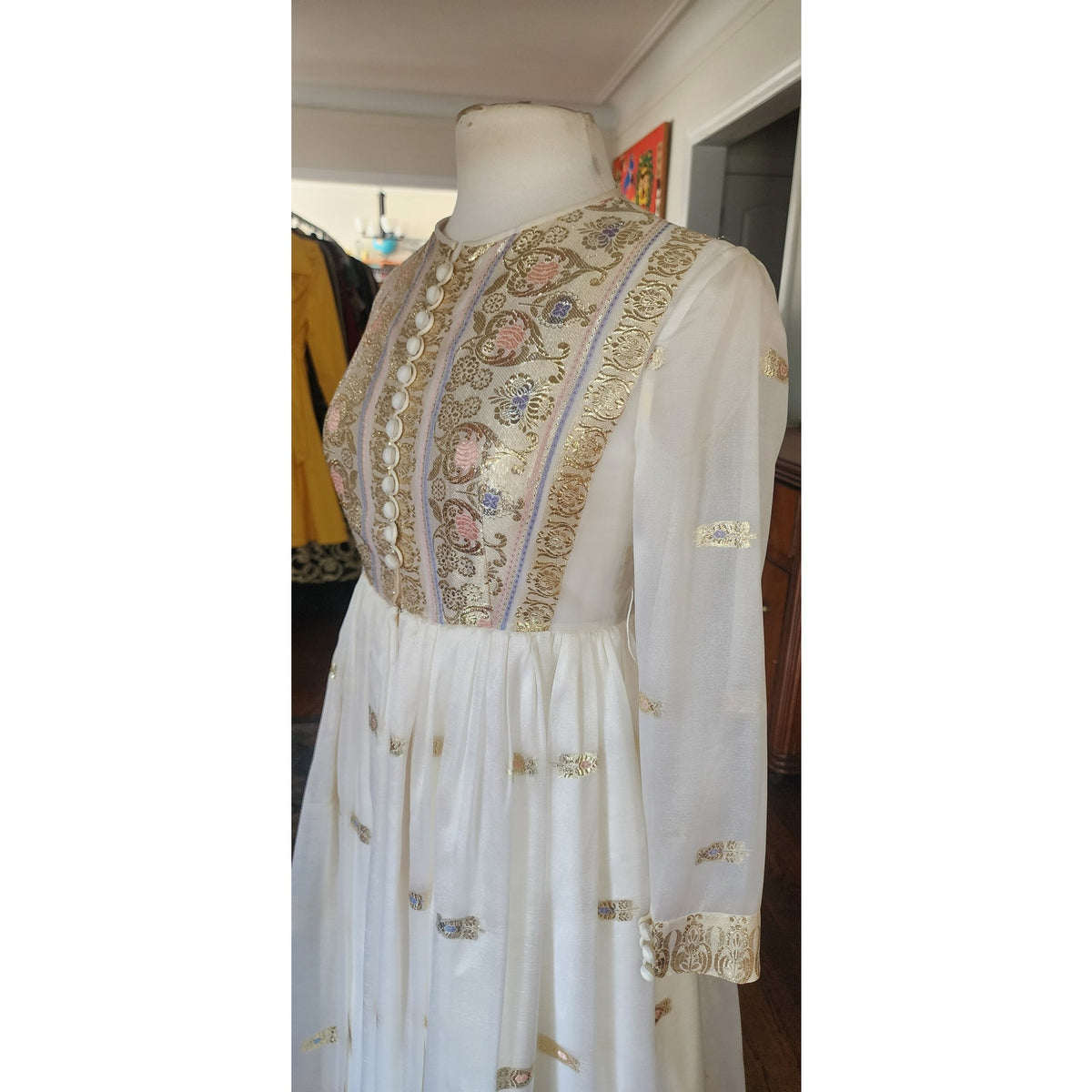 Vintage 1970s Boho Dress White Gold Brocade Embroidery Indian Style Chuck Howard