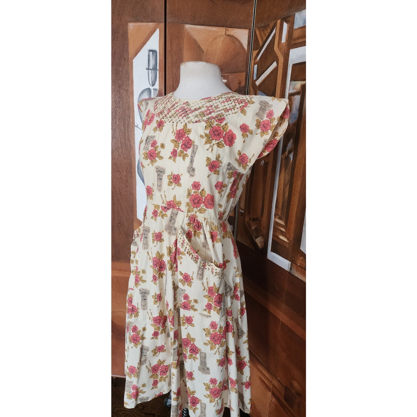 Vintage 50s Swirl Wrap Dress Cotton Rose Classical Columns Print Apron Housewife Full Skirt Pockets