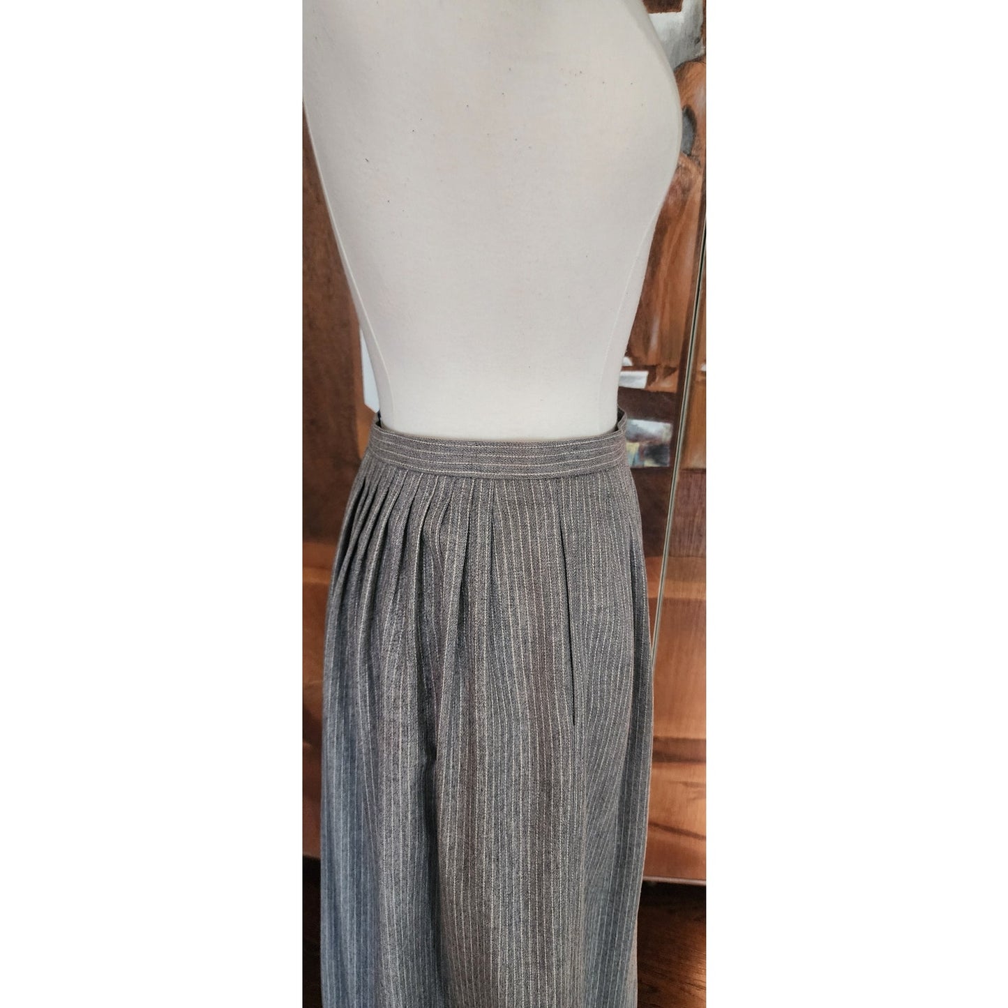 Vintage 70s Geoffrey Beene Bag Midi Skirt Gray Pinstriped Wool A Line / M
