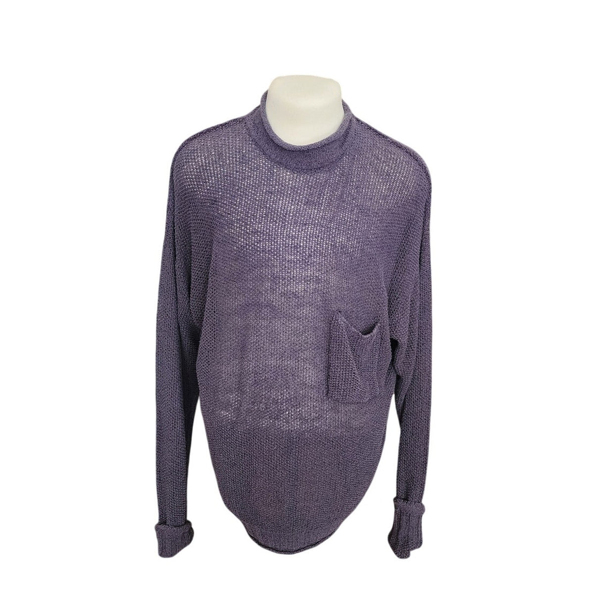 Vintage 1990s Rykiel Homme Mens Sweater Purple Sheer Mesh Open Weave Mock Neck Knit Oversized