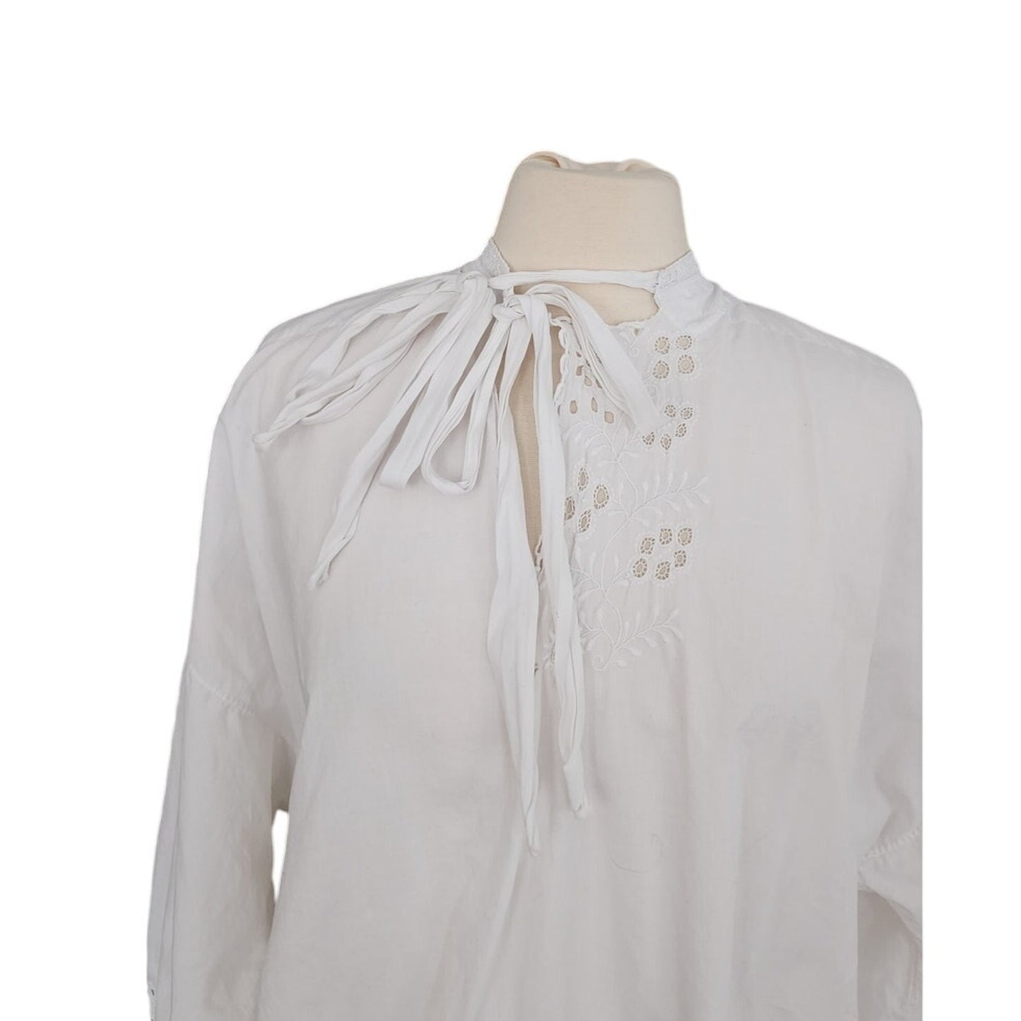 Antique Edwardian Poet's Blouse White Cotton Tunic Shirt w/ Embroidered Crochet Lace Sash Tie