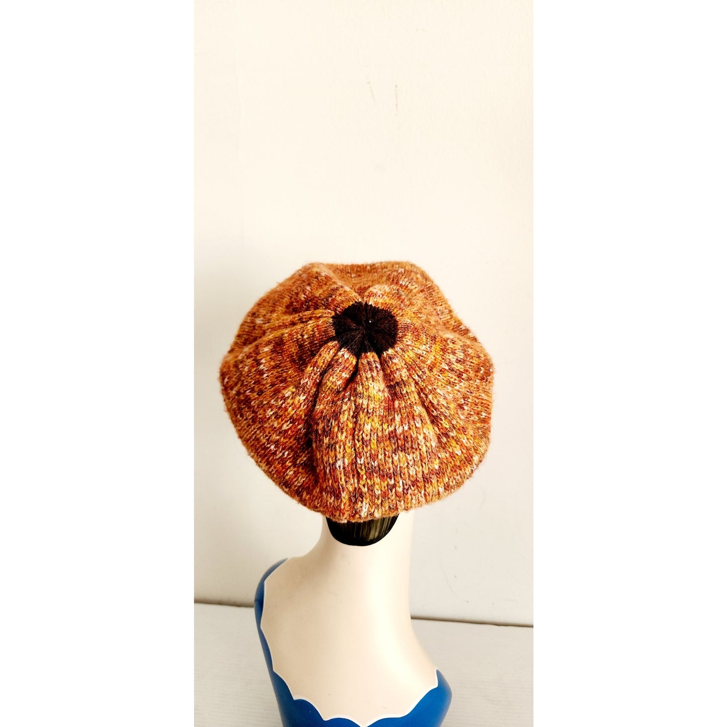 Vintage 70s Knit Tam Hat Boho Newboy Cap Orange Brown