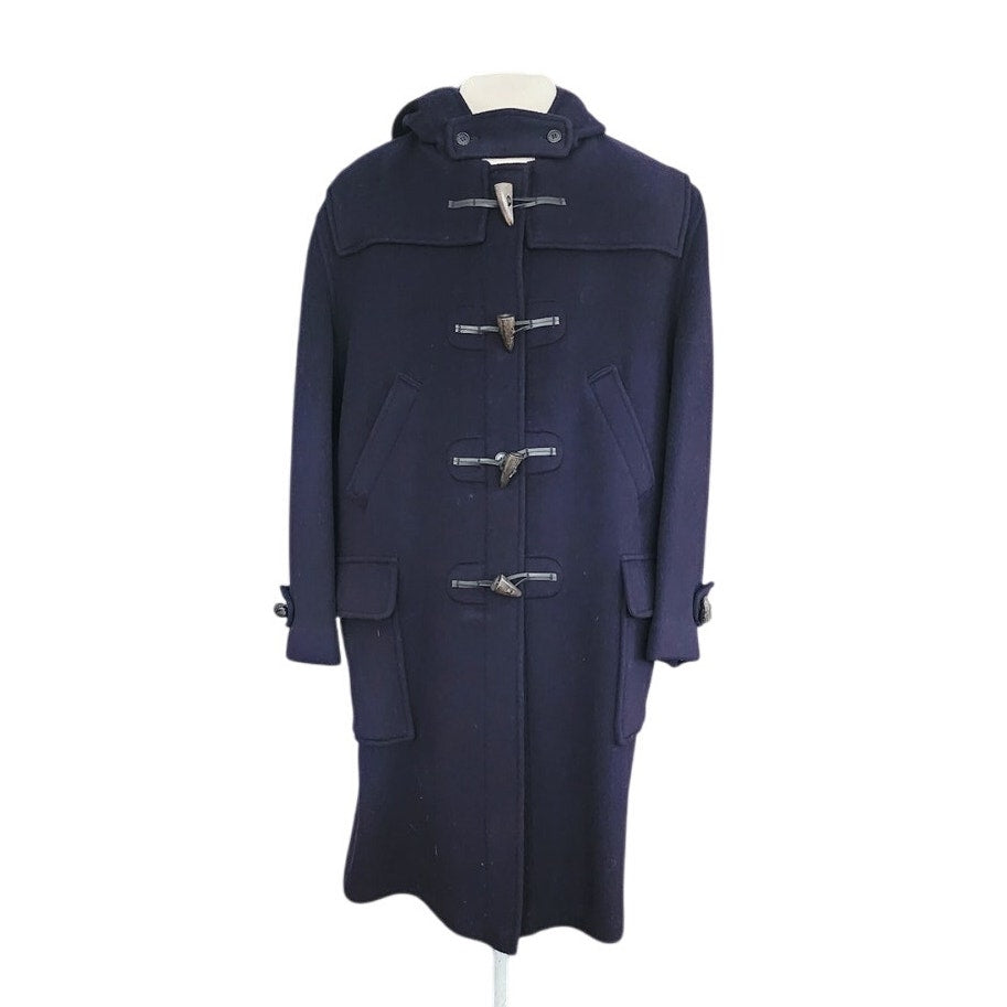 Vintage 1990s Mens Duffle Coat Lands End Navy Blue Wool Hooded w/Toggle Closure