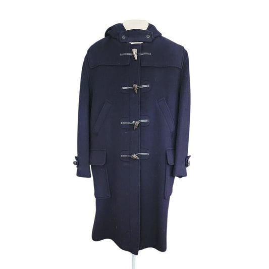 Vintage 1990s Mens Duffle Coat Lands End Navy Blue Wool Hooded w/Toggle Closure