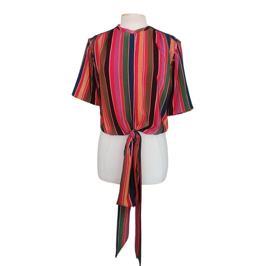 Vintage 1980s Giorgio Armani Shirt Multicolor Striped Silk Blouse Sash Tie Belt 38