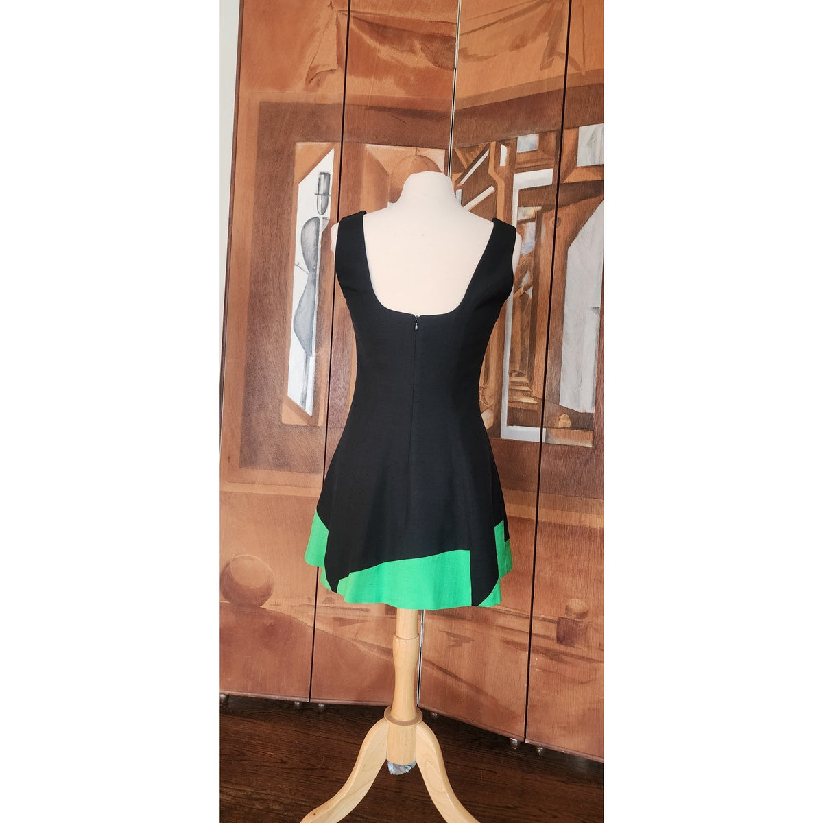 Vintage 1990s Designer Sleeveless Dress Raw Silk Black Green Victoria March Chicago
