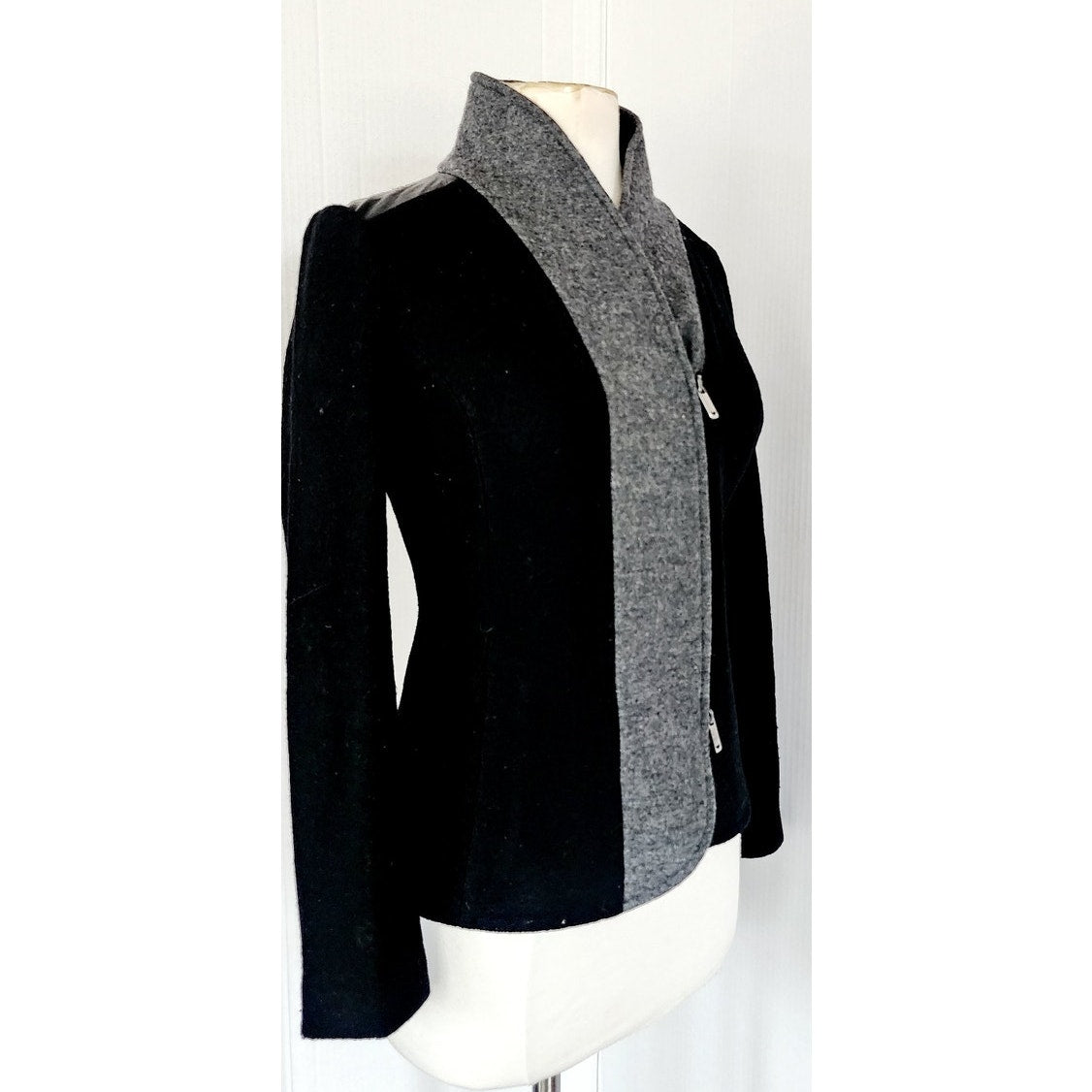 Vintage Emporio Armani Blazer Black Gray Wool & Leather Zip Front