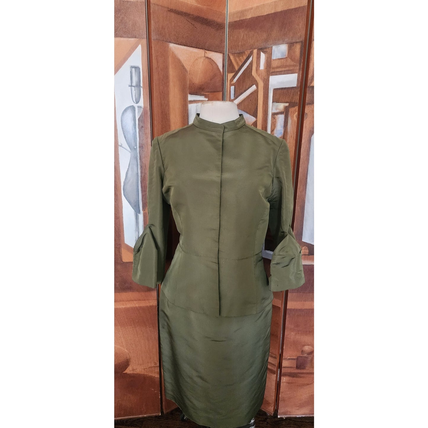 Oscar de la Renta Skirt Suit SS 2008 Green Silk Taffeta Peplum Blazer Bell Cuffs