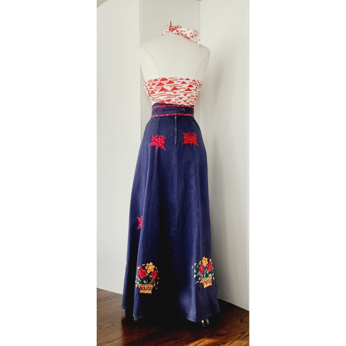 Vintage 70s Maxi Skirt Dark Wash Denim Butterfly Floral Embroidery