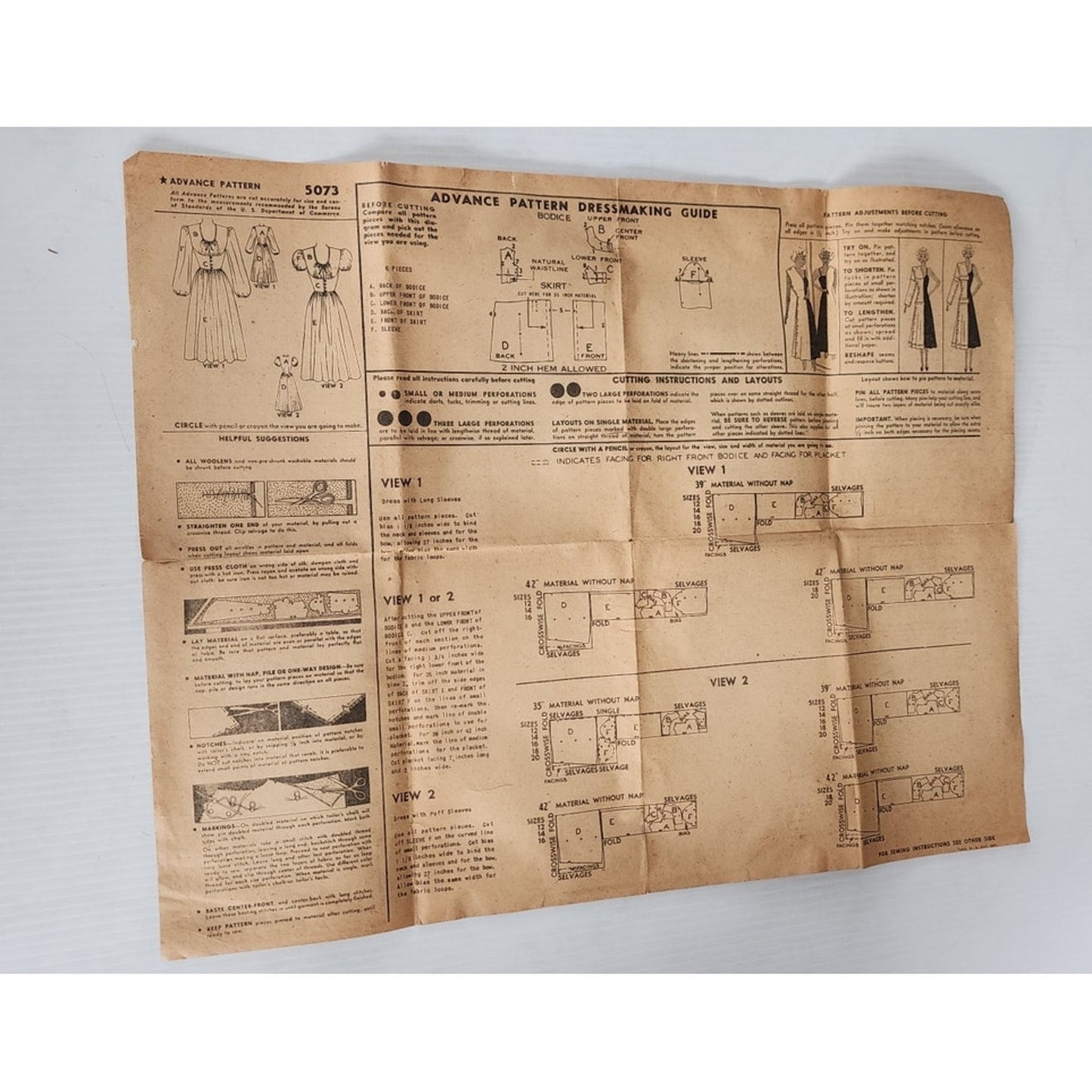 Vintage 40s Sewing Pattern Dress w/Full Skirt Advance 5073