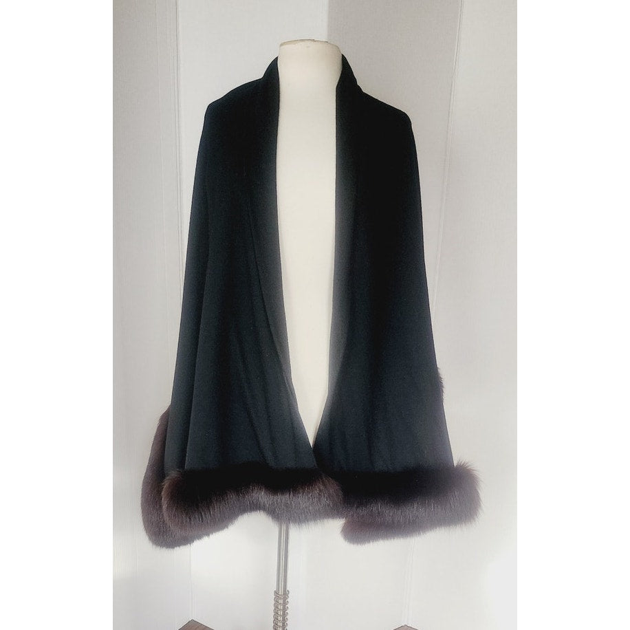 Vintage Sable Fur Lined Wrap in Black Wool
