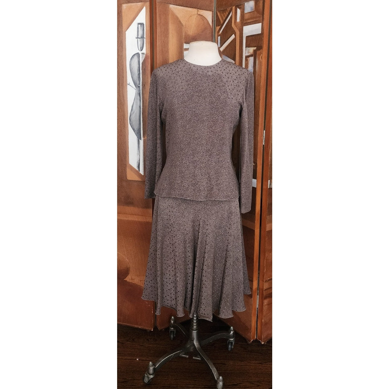 Vintage 1980s Giorgio Armani Dress Gray Silk Abstract Print Midi Long Sleeve