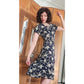 Vintage ORIGINAL 1940s Dress Leslie Fay Black Cream Floral Ribbon Rayon Midi Day