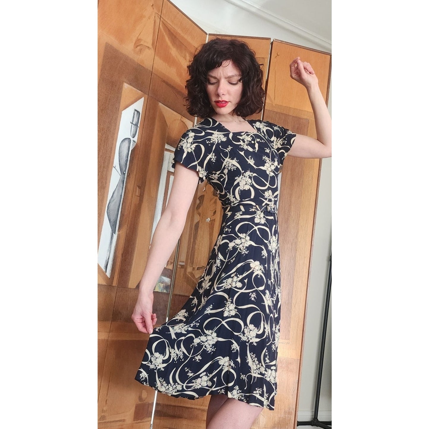 Vintage ORIGINAL 1940s Dress Leslie Fay Black Cream Floral Ribbon Rayon Midi Day