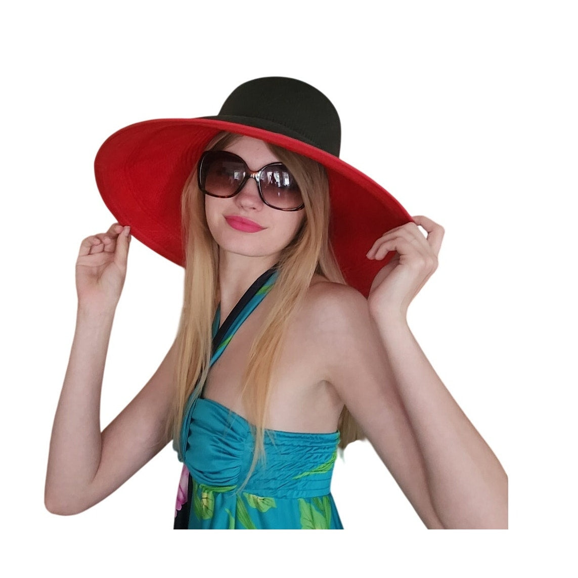 Vintage 1980s Kokin Hat Wide Brim Sun Straw Fuchsia Red Black Summer Oversized