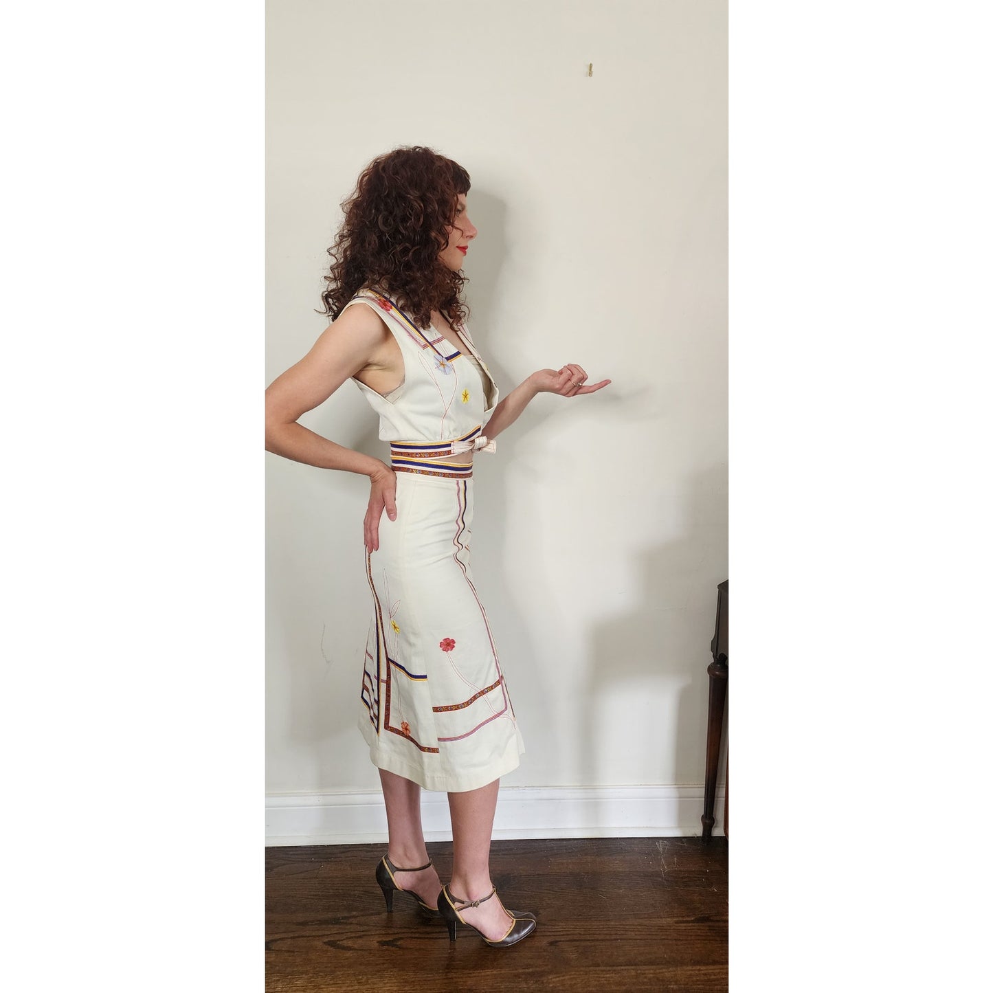 Vintage 1970s Marshall Rouso Skirt + Vest Set in Embroidered Denim / XS