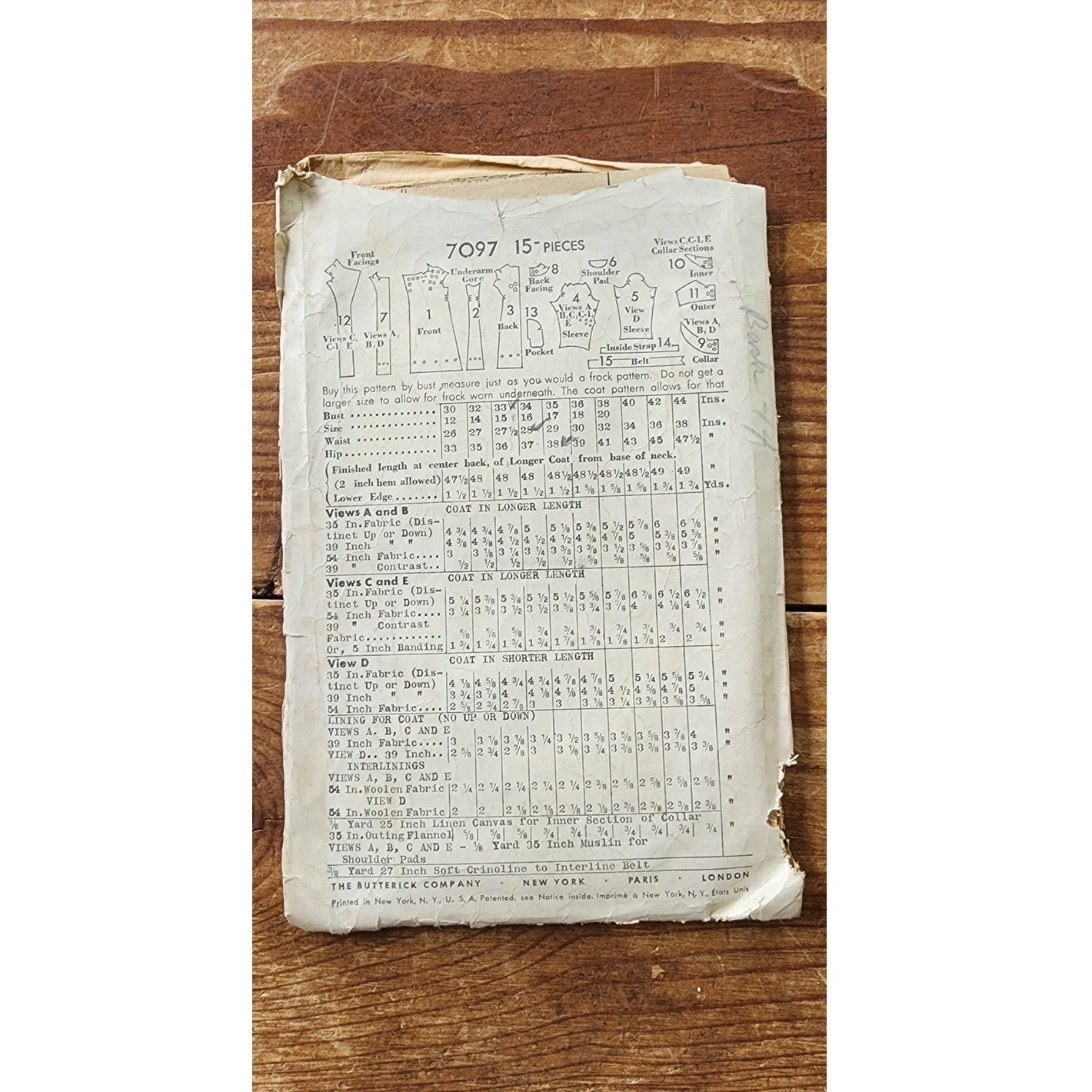 Vintage 30s Sewing Pattern of Fitted Coat w/Collar Butterick 7097 Size 33 Bust