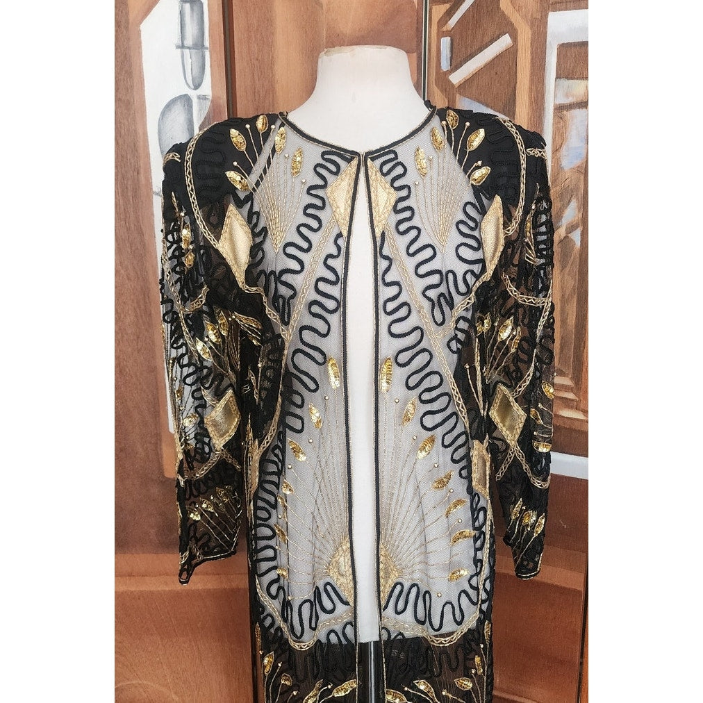 Vintage 80s Tan Chho Duster Sheer Coat Beaded Sequined Embroidered Evening Jacket Black Gold
