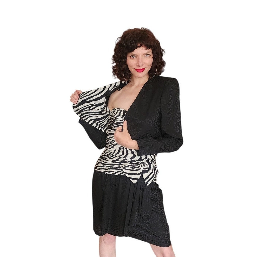 Vintage 80s AJ Bari Strapless Dress + Bolero Jacket Suit Set Zebra Print Black White Silk / M