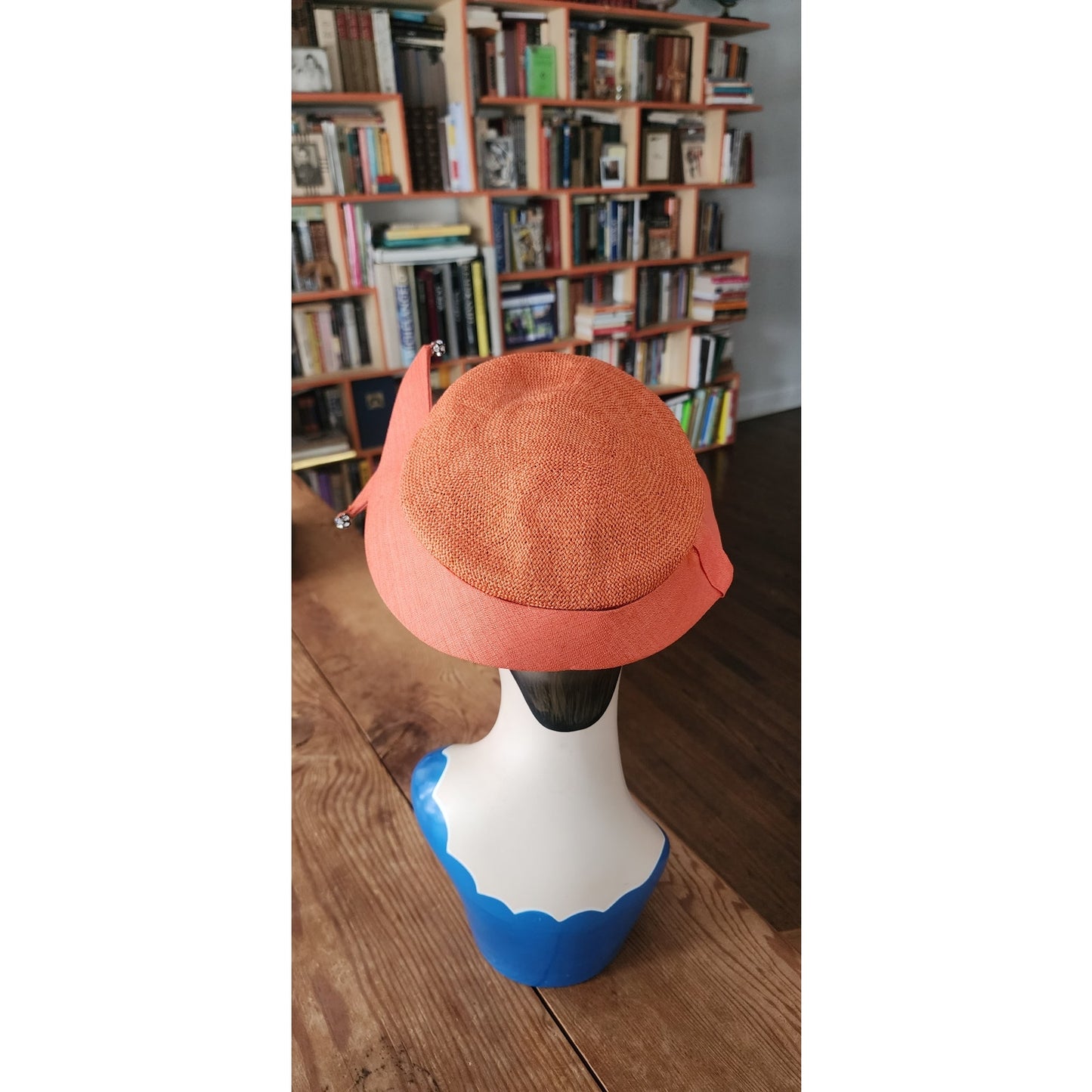 Vintage 50s Orange Straw Cocktail Hat Rhinestones