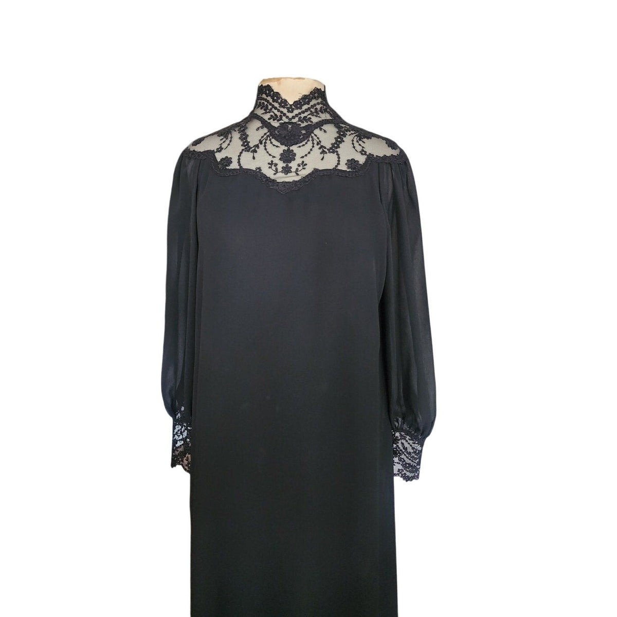 Vintage 1970s Giorgio Sant'Angelo Dress Black Silk Georgette & Lace