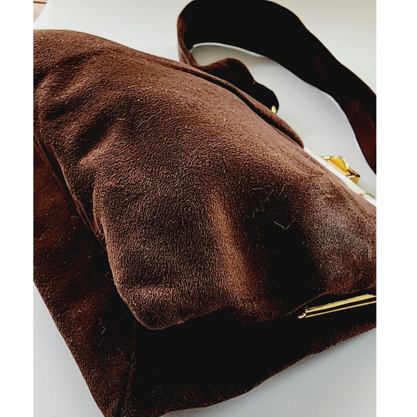 Vintage 1940s Brown Bag Brushed Suede Mother of Pearl Buechner