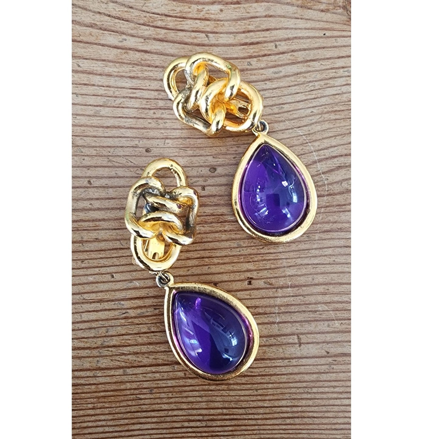 Vintage 1980s Clip Earrings Gold Purple Teardrop Etruscan Revival Chunky Oversized