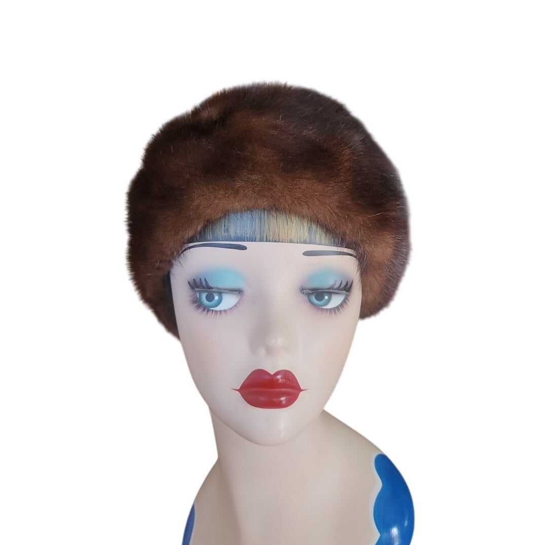 Vintage 1950s Mink Fur Hat Brown Tam Saks Fifth Avenue Rounded Crown Millinery Salon